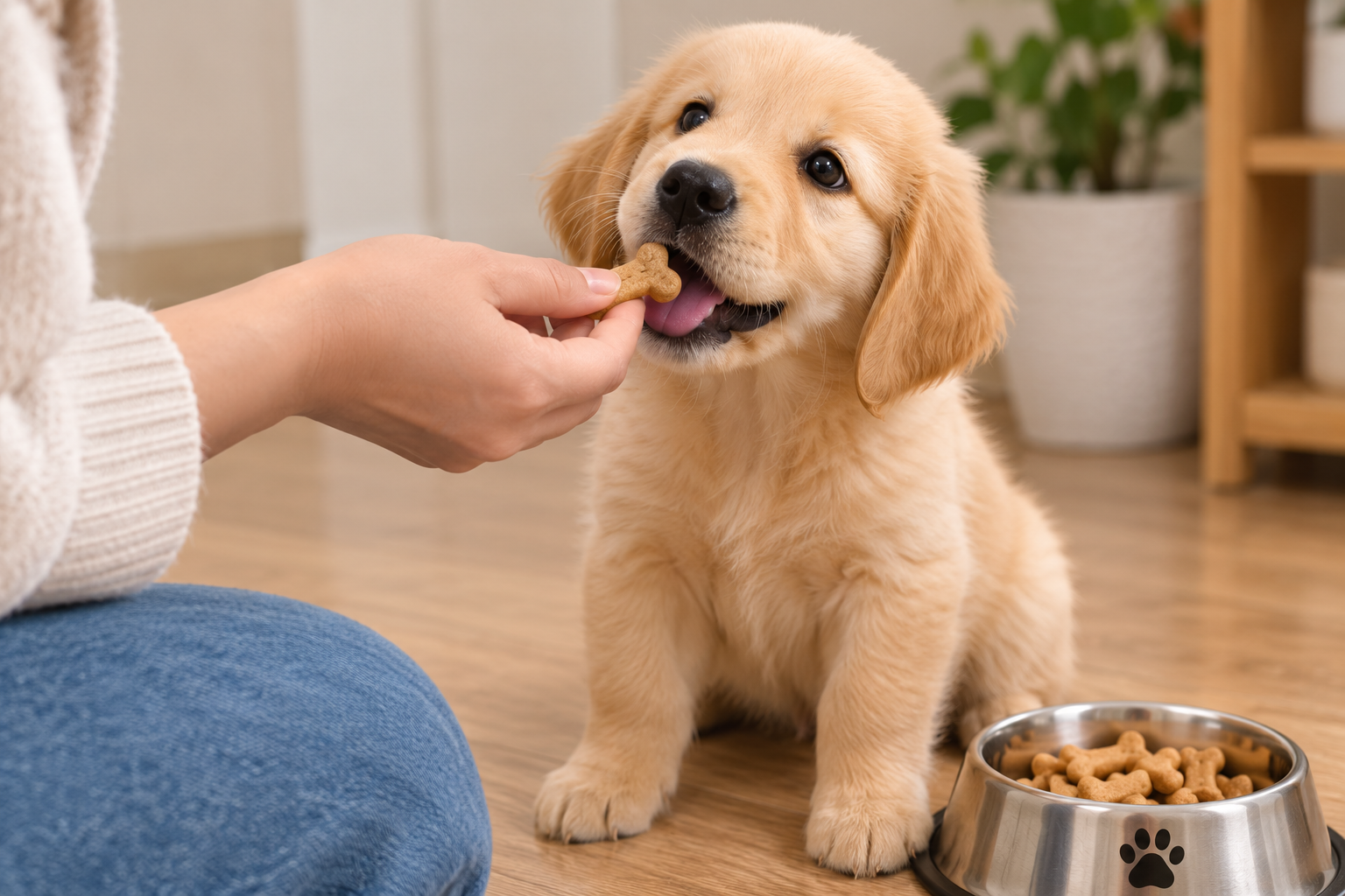 Memberikan Camilan Kepada Anak Anjing