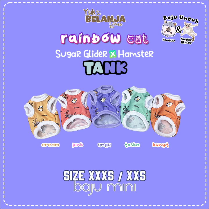 Baju Sugar Glider / Hamster Rainbow Cat Tank / bahan nyaman size XXS dan XXXS!